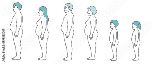 肥満体型の全世代の全身イラストセット（側面）