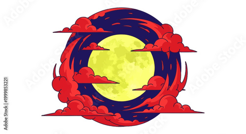 Vibrant Full Moon with Swirling Red Clouds in a Dark Night Sky