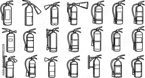 Black and White Line Art of Various Fire Extinguisher Icons, Safety Equipment Vector Collection