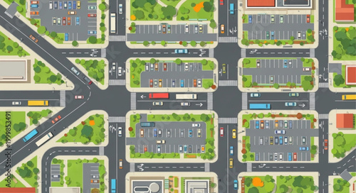 Aerial view of a busy city intersection with cars and buildings.