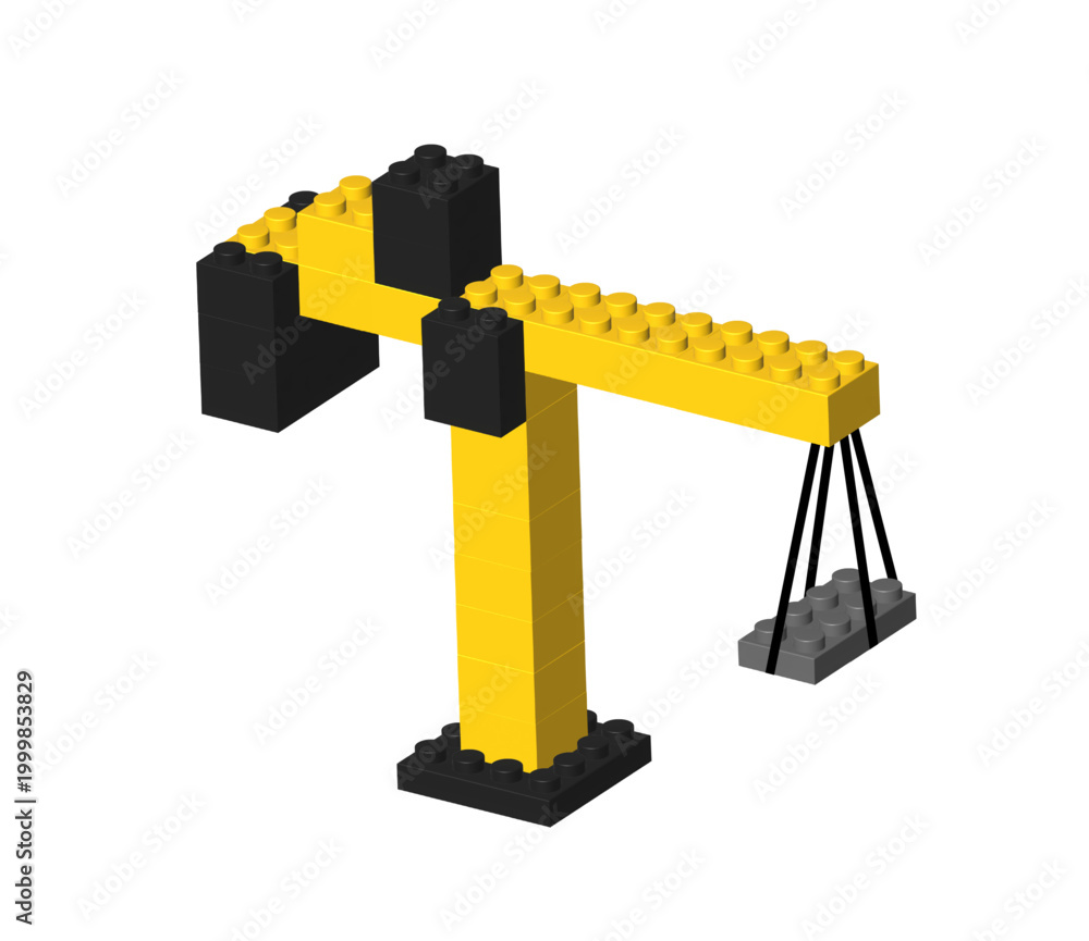 Fototapeta premium Black and yellow building crane made by realistic plastik constructor parts isolated on transparent background. Under maintenance or construction concept. 3D rendered vector PNG