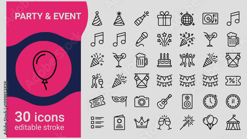 Party and event icons set with editable stroke for celebrations and gatherings