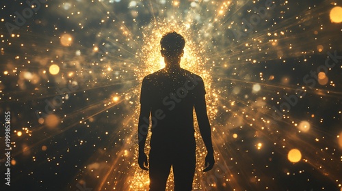 Silhouette engulfed by golden particles in a burst of light, emanating from the person's form
