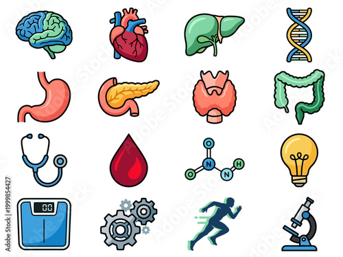 Comprehensive Human Anatomy and Medical Icon Set featuring Internal Organs, Biology Symbols, and Healthcare Elements for Education, Science, and Fitness