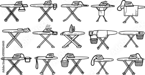 Black and White Line Art Icons Set of Household Ironing Boards and Steam Irons. Hand-Drawn Collection for Laundry Chores, Domestic Tasks, and Home Maintenance.