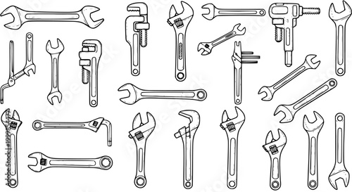 Black and White Line Art Illustration of Various Wrenches and Tools for Construction and Repair