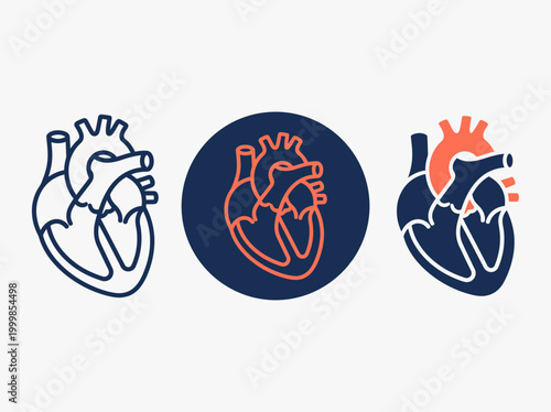 Anatomical Human Heart Icon Set in Three Styles: Line Art, Circular, and Flat Vector Design for Cardiology and Medical Health Applications