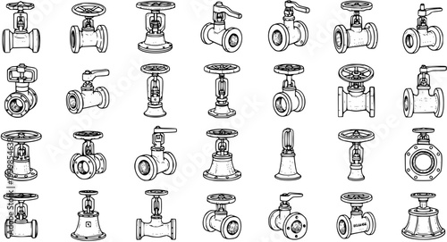 Black and White Line Art Industrial Valves Collection. Hand-drawn Plumbing and Pipe Fittings, Control Mechanisms Vector Icons Set.
