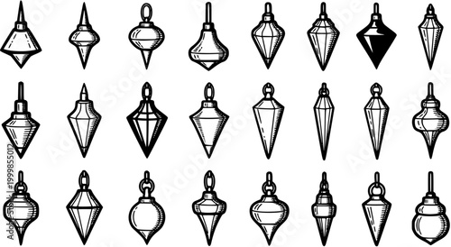 Tableau sur toile Black and White Line Art Plumb Bob and Pendulum Icons Set for Construction, Measurement, and Design Projects