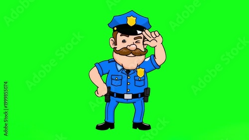 A cheerful 2D police officer character in a blue uniform saluting and performing a happy dance. Isolated on a green screen for chroma key video editing and safety-themed content.