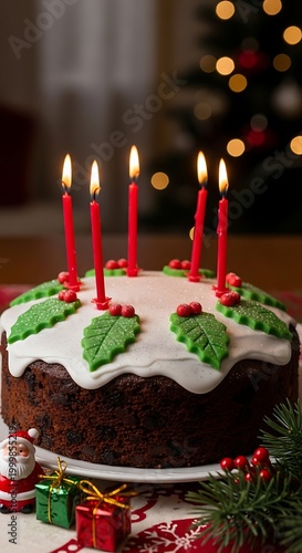 Festive holiday cake topped with burning candles sits ready for celebration