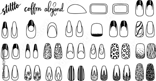 Black and White Line Art Collection of Various Nail Shapes and Designs, Beauty and Fashion