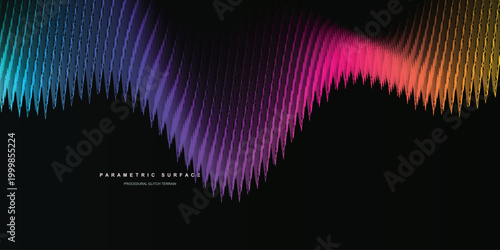 Parametric surface abstract wave background, colorful digital sound equalizer visualization, vibrant neon gradient flow on black, modern tech vector