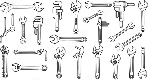 Black and White Line Art Illustration of Various Wrenches and Tools, Construction and Repair