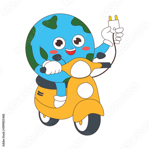 A creative illustration of a green Earth globe mascot riding an electric scooter. Holding a power plug to promote clean energy, world sustainability, and eco-friendly nature.