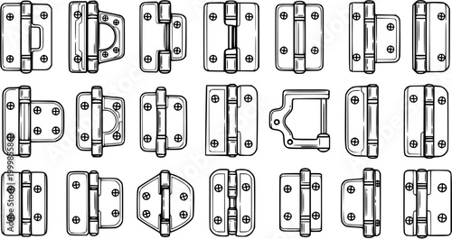 Black and White Line Art of Various Hinges for Doors and Cabinets