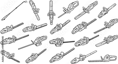 Black and White Line Art Illustration of Various Garden Tools and Chainsaws