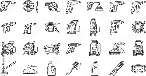 Black and White Line Art Icons of Pressure Washers and Cleaning Equipment