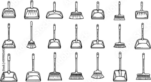 Black and White Line Art Brooms and Dustpans Vector Collection. Household Cleaning Tools Set for Domestic Chores, Housekeeping, and Sanitation.