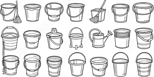 Black and White Line Art Illustration of Various Buckets and Watering Can, Cleaning Supplies Concept