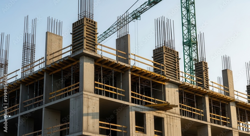 Fototapeta premium Construction site shows a building under development with concrete columns and scaffolding.