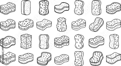 Black and White Line Art Illustration Set of Household Cleaning Sponges in Various Shapes and Textures, Essential for Kitchen, Bath, and General Home Hygiene