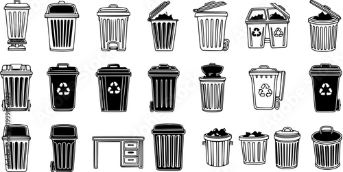 Waste Management and Recycling Bin Icons Set in Black and White Line Art  Glyph Style - Household, Office, and Environmental Trash Containers