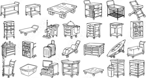 Black and White Line Art Set of Service Industry Carts and Trolleys: Hospitality, Cleaning, Logistics, and Utility Equipment Vector Outlines