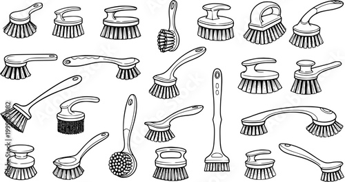 Black and White Line Art Collection of Household Cleaning Brushes. Outline Illustrations for Kitchen, Bathroom, and Domestic Hygiene Scrubber Tools.