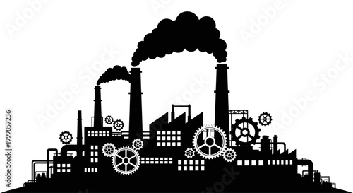 Black silhouette of a large industrial factory complex with smokestacks and gears.