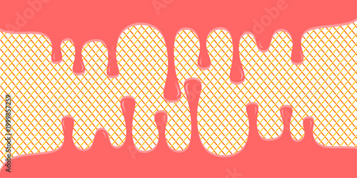 Wavy syrup illustration. Dripping candy illustration background. Pink ice cream drip illustration. Fast food caramel drip illustration. Hand-drawn milk drip on waffle background.