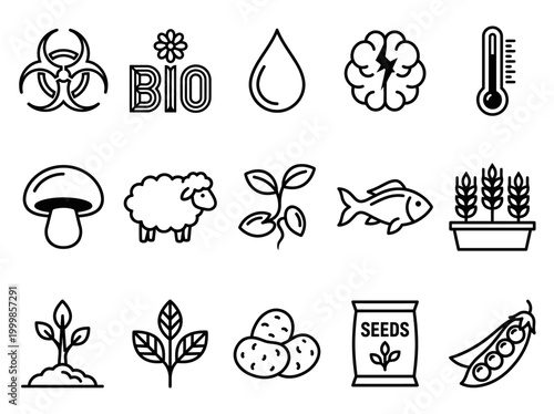 Biology and Agriculture Biotechnology Line Icon Set for Eco Science and Farming