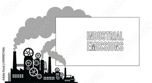 Industrial factory silhouette emitting heavy smoke with text label industrial emissions.