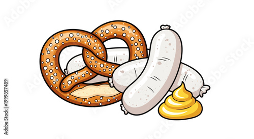 Traditional german oktoberfest food assortment featuring a large salted pretzel white sausages and a dollop of yellow