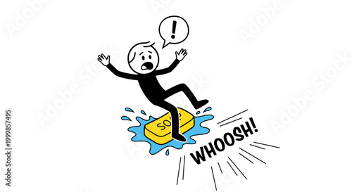 Shocked stick figure character slipping on a wet bar of soap with a splash conveying surprise and accident isolated