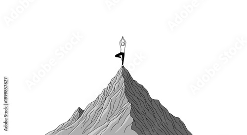 Serene individual practicing yoga tree pose atop a majestic snow capped mountain peak against a clear white sky