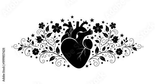 Black silhouette of an anatomical heart decorated with floral vines and stars.
