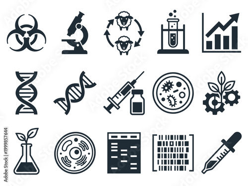 Biotechnology and Genetics Icon Set - Laboratory Science, DNA Research, Cloning, and Medical Innovation Symbols