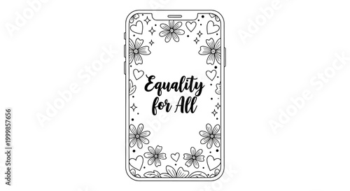 Equality for All message displayed on a smartphone screen with floral decorative frame.
