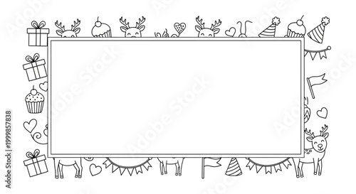 Hand drawn doodle birthday party frame with decorative elements.