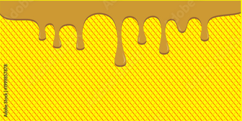 Hot chocolate drip illustration. Melting chocolate on waffle background. Drippy ice cream vector design. Wavy choco melt border. Brown chocolate drips illustration.