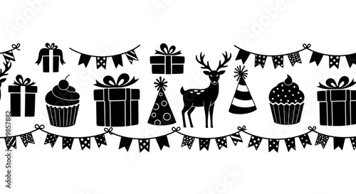 Seamless border pattern with Christmas and birthday celebration elements.