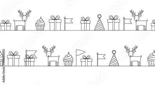 Seamless festive pattern with hand drawn holiday icons and gift boxes.