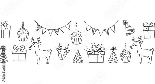 Seamless Birthday Pattern with Cute Hand Drawn Deer and Party Elements.