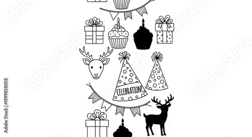 Hand Drawn Celebration Party Elements Set with Reindeer and Gifts.