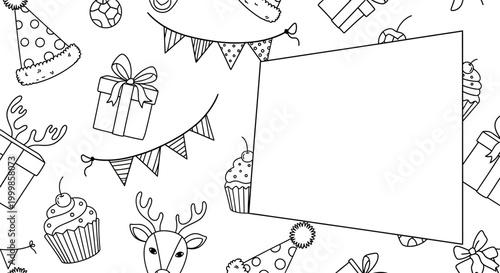 Blank rectangular paper frame surrounded by festive doodle party elements.