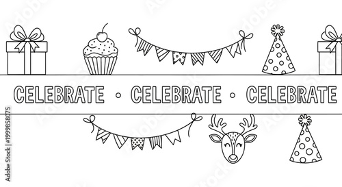 Hand Drawn Birthday Celebration Elements Coloring Page Set.