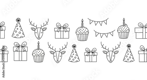 Seamless Pattern of Hand Drawn Birthday Party Elements.