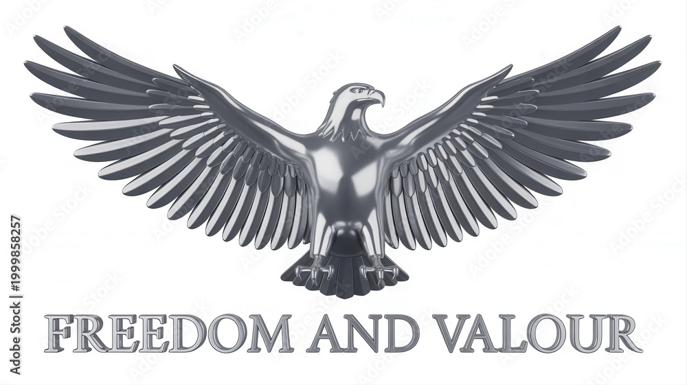Fototapeta premium Shiny metallic eagle with outstretched wings and freedom and valour text