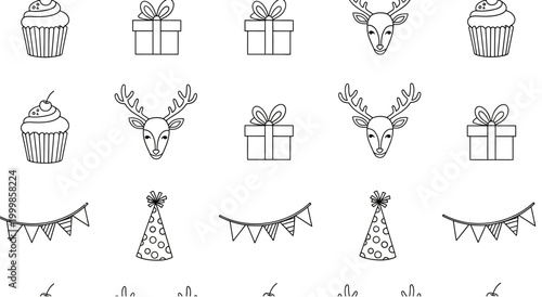Hand drawn doodle pattern of Christmas and birthday celebration icons.